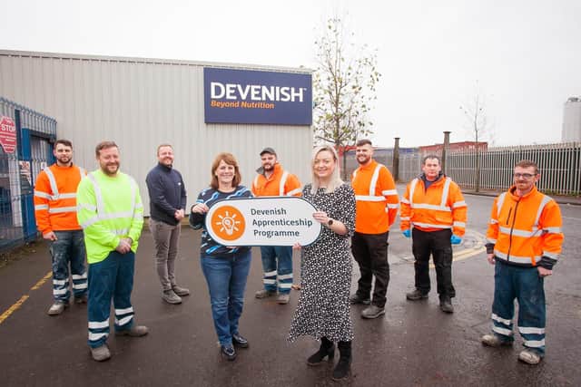 Nine long-standing employees at agri-tech business Devenish have successfully completed the firm’s first-ever apprenticeship programme. Pictured (from left): Robert Gilchrist, Richard Smith, Michael Gibson, Matthew Gartland, Marc Gartland, David O’Halloran and Paul Moore with Gillian McAuley, Group HR Director and Claire Espie, Devenish Learning and Development Manager