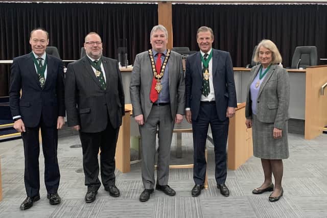 Pictured during the visit to Cloonavin are Edward Montgomery, Secretary of the Irish Society, Mr Edward Lord OBE (Deputy Governor Elect), the Mayor of Causeway Coast and Glens Borough Council Councillor Richard Holmes, Alderman William Russell (Governor) and Wendy Hyde (Deputy Governor)