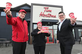 Celebrating the opening of Tim Hortons at The Junction are (L-R) Chris Toner, New Store Opening Manager, Tim Hortons; Geraldine Robinson, Regional Manager, Tim Hortons and Chris Flynn, Centre Director, The Junction.
