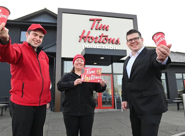 Celebrating the opening of Tim Hortons at The Junction are (L-R) Chris Toner, New Store Opening Manager, Tim Hortons; Geraldine Robinson, Regional Manager, Tim Hortons and Chris Flynn, Centre Director, The Junction.