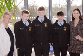 Cool FM / Downtown Radio presenters Rebecca McKinney and Caroline Fleck pictured with Cookstown High School’s Nathan Blair, Luke Hamilton and Jonathan Burrows