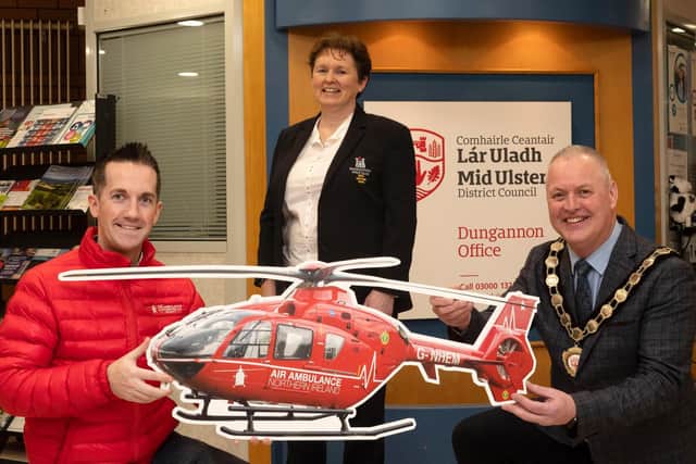 Chair of the Council, Councillor Paul McLean is pictured with Damien McAnespie, Air Ambulance Northern Ireland and Alison Chestnutt, Dungannon Golf Club ahead of the events