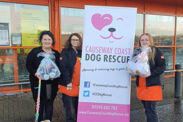 Causeway Coast Dog Rescue volunteer Tina with  Ash and Sandra from B&Q who are supporting the charity