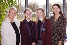Cool FM / Downtown Radio presenters Caroline Fleck and Rebecca McKinney are pictured with pupils from Dalriada School, Victoria Currie and Lois McCurdy who are competing in the ABP Angus Youth Challenge 2022 Final