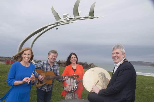 Causeway Coast and Glens Borough Council’s Destination Manager Kerrie McGonigle, traditional musician Michael Sands, Visitor Servicing Officer Caroline Carey and the Mayor of Causeway Coast and Glens Borough Council Councillor Richard Holmes pictured in Ballycastle for the launch of the town’s new Traditional Music Trail