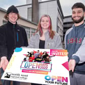 NWRC students James Brown, Niamh Lynch, and Luke Smailes issue a welcome to new students to attend Open Day at the college's campuses in Strabane, Derry/Londonderry and Limavady. (pic Martin McKeown)
