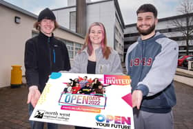 NWRC students James Brown, Niamh Lynch, and Luke Smailes issue a welcome to new students to attend Open Day at the college's campuses in Strabane, Derry/Londonderry and Limavady. (pic Martin McKeown)