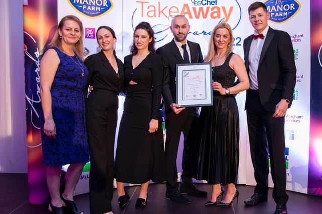 Pictured, from left to right, are: Jetmire Cufaj, chef; Melisa Kukaj, manager;  Sameda Mustali, manager;  Meridian Ramaj, chef; Jonida Cufaj, owner,  from Castello Italia and award sponsor Patrick Dowling from AIB Merchant Services.