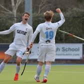 Ollie Kidd, 19, celebrates making it 3-1 for Lisnagarvey against Three Rock Rovers in EYHL. Picture: Adrian Boehm