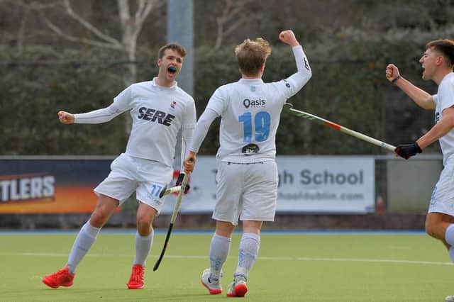 Ollie Kidd, 19, celebrates making it 3-1 for Lisnagarvey against Three Rock Rovers in EYHL. Picture: Adrian Boehm