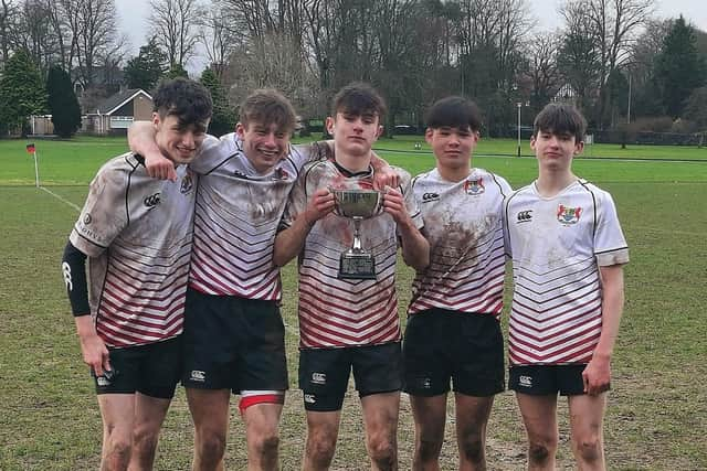 Banbridge Academy Medallion XV teammates Jonathan Howard, Elijah Dempsey, Andrew jackson, Nazie James Mulligan and Sam Dorman after the match