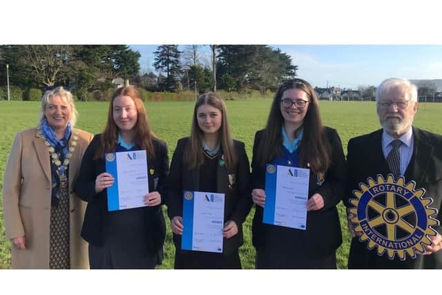 Three Club finalists, Jorja Fullerton, Hannah Kelly and Mikaela Porter. Also included is Mrs Diana Evans, President Rotary Club, Ballycastle and Mr George McAuley, Youth Leadership Chairman
