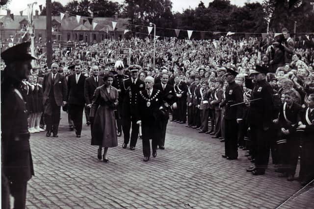 HRH Queen Elizabeth at Ballymena station during her visit to Ballymena on July 3rd 1953. INBT 20-199F