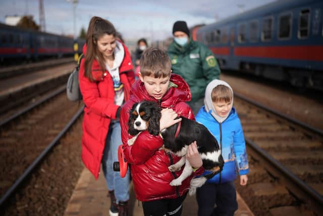 A nine-year-old refugee from Kyiv arrives with his pet dog  at the Hungarian border town of Zahony on a train that has come from Ukraine on March 02. Refugees from Ukraine have fled into neighbouring countries such as Hungary, forming long queues at border crossings, after Russia began a large-scale attack on Ukraine on February 24. (Photo by Christopher Furlong/Getty Images).