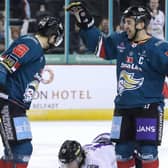 Belfast Giants’ David Goodwin celebrates scoring against Manchester Storm during last Sunday’s Elite Ice Hockey League game at the SSE Arena