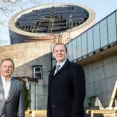 Economy Minister Gordon Lyons pictured at the ECOS Centre, Ballymena with the Centre for Advanced Sustainable Energy chair Trevor Haslett CBE at the launch of the £4.5m Green Innovation Challenge Fund pilot.