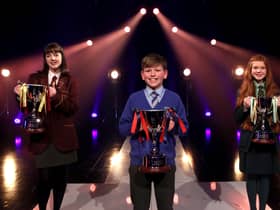 The three winners of the BBC Northern Ireland School Soloist Of The Year 2022 recorded in the BBC’s Blackstaff studios in Belfast. They are, from left, Eva Rowan (St Patrick’s Grammar, Downpatrick) winner of the Senior final; Tom Johnston (Macosquin Primary School), winner of the Primary final; and Sophie Lennon (Sacred Heart Grammar School, Newry), winner of the Junior final