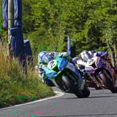 Dean Harrison (Silicone Engineering Kawasaki) leads Peter Hickman (Smiths BMW) at the Ulster Grand Prix in 2019.