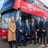 Louise Cheeseman (Director of Buses TFL), John McLeister, (Director of Sales for Wrightbus), London Mayor Sadiq Khan, Buta Atwal (Wrightbus CEO), Neil Collins, (Wrightbus MD), Gary Kernohan Head of Sales, Wrightbus) and Jon Eardley (Abellio London Bus MD).