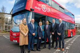 Louise Cheeseman (Director of Buses TFL), John McLeister, (Director of Sales for Wrightbus), London Mayor Sadiq Khan, Buta Atwal (Wrightbus CEO), Neil Collins, (Wrightbus MD), Gary Kernohan Head of Sales, Wrightbus) and Jon Eardley (Abellio London Bus MD).