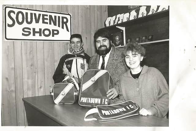 Stephen Millar with his children Stephen and Mandy at the souvenir shop at Shamrock Park, home of Portadown FC.