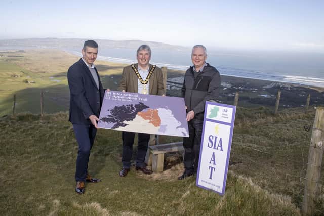 Pictured at Gortmore View Point along the stunning Bishop’s Road near Limavady for the official launch of the next phase of the International Appalachian Trail Ulster-Ireland are David Reid – Finance Director – DAERA Rural Affairs, the Mayor of Causeway Coast and Glens Borough Council Councillor Richard Holmes, and Councillor Dermot Nicholl (LAG Chair)