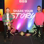 Carl Frampton and BBC Radio 1 presenter Dean McCullough at Glengormley High School. Photograph Declan Roughan/Press Eye.