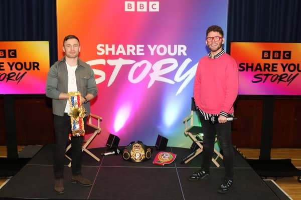 Carl Frampton and BBC Radio 1 presenter Dean McCullough at Glengormley High School. Photograph Declan Roughan/Press Eye.