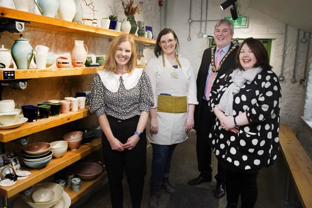 Pictured at The Blackheath Pottery for the launch of the new Causeway Craft Trail are Kerrie McGonigle (Destination Manager), Babs Belshaw, the Mayor of Causeway Coast and Glens Borough Council Councillor Richard Holmes and Karen Smyth (Acting Cultural Services Development Officer)