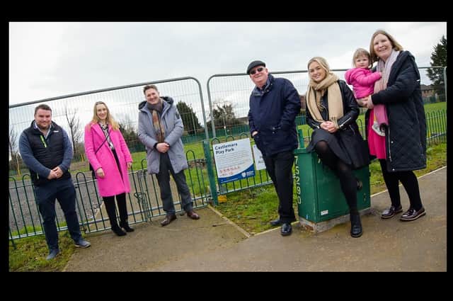 Pictured are Jack Salt from Haffey’s, Claire Duddy MEABC, John McVeigh MEABC, Ald Billy Ashe MEABC, Cllr Cheryl Brownlee MEABC, Addison Gray and Cllr Lauren Gray MEABC at Castlemara Play Park.