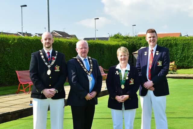 Then President Colin Devlin and Lady President Lynda Saberton along with the serving Mayor of Antrim and Newtownabbey at the time, Ald John Smyth, at the club’s 2019 open day.