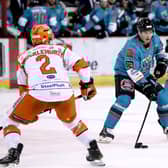 Belfast Giants' Patrick Mullen with Sheffield Steelers' Aaron Brocklehurst in December 2019. Photo by William Cherry/Presseye
