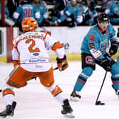 Belfast Giants' Patrick Mullen with Sheffield Steelers' Aaron Brocklehurst in December 2019. Photo by William Cherry/Presseye