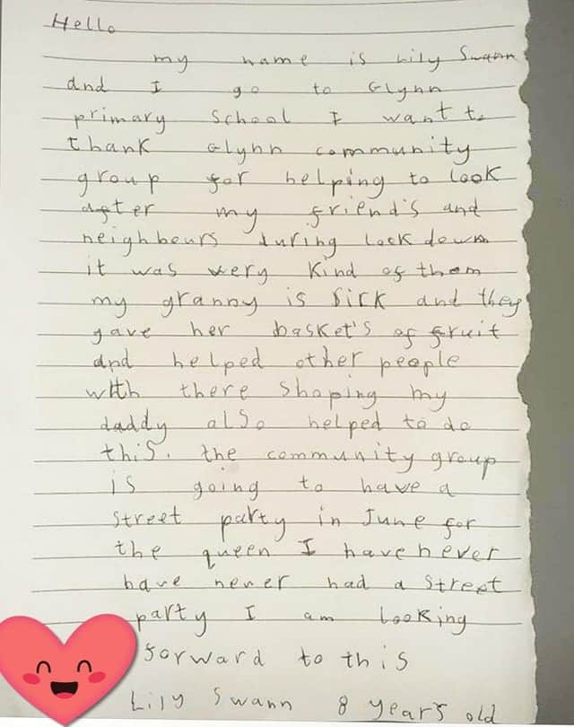 Lily's letter of thanks to community volunteers.