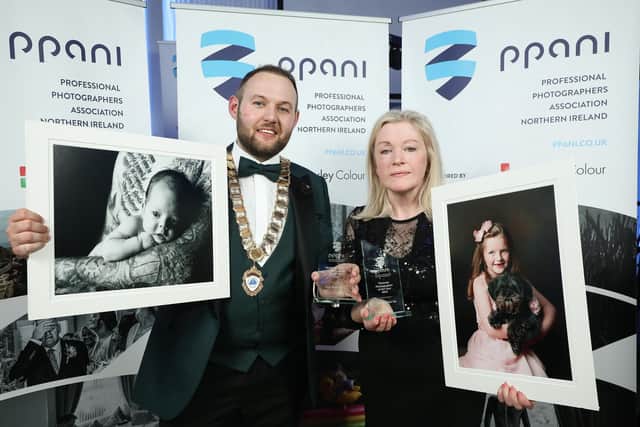 Award-winning Portadown photographer Marie Allen with Mark Barnes, President of the Professional Photographers Association NI.