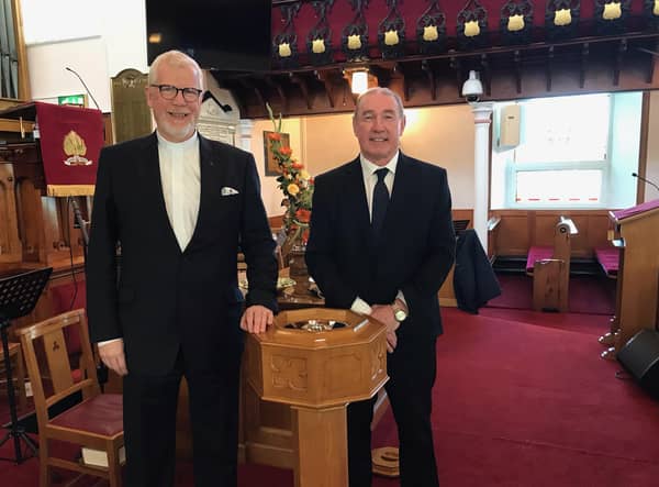 The Right Reverend Dr David Bruce and the Reverend Colin Harris, minister of Scarva Street Presbyterian Church, Banbridge