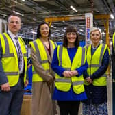 Infrastructure Minister visits Wrightbus to view progress on  journey to Net Zero Public Transport. Pictured are  Ian Gillot (Group Director Parts and Service Wrightbus); Kirsty McBride (Wrightbus Finance Director), Infrastructure Minister Nichola Mallon, Nicola McCloskey  (Wrightbus HR Director) and Neil Collins (Wrightbus Managing Director)