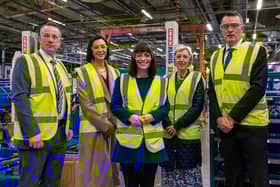 Infrastructure Minister visits Wrightbus to view progress on  journey to Net Zero Public Transport. Pictured are  Ian Gillot (Group Director Parts and Service Wrightbus); Kirsty McBride (Wrightbus Finance Director), Infrastructure Minister Nichola Mallon, Nicola McCloskey  (Wrightbus HR Director) and Neil Collins (Wrightbus Managing Director)
