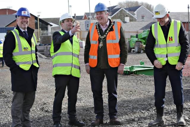 Northern Regional College Principal & Chief Executive Mel Higgins discusses progress at the College’s Union Street site with Mayor Cllr Richard Holmes and Heron Bros.’ Deputy Managing Director Martin O’Kane and Construction Director Karl McKillop on-site at the College's new Coleraine campus
