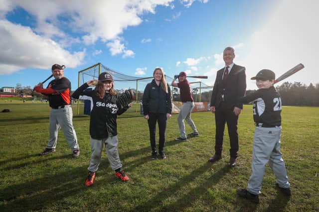 Councillor Sharon Skillen, Leisure & Community Development Chair opens the first purpose-built baseball batting cage in Northern Ireland, at its Hydebank Playing Fields alongside by Dr Christopher Stange of the Consulate General of Saint Vincent and the Grenadines in Northern Ireland and members of local baseball and softball teams.