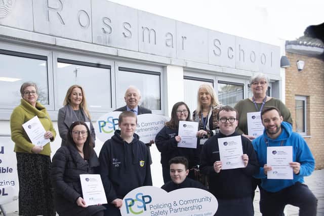 Pupils from Rossmar School take part in the launch of Causeway Coast and Glens Policing and Community Safety Partnership’s consultation for disabled people and their carers along with representatives from the PCSP, Mencap NI and Disability Action