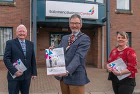 Ballymena Business Centre launches a new Enterprise Strategy to further develop Ballymena as a thriving and vibrant economic area driven by innovation, enterprise and entrepreneurship. Pictured are, from left, James Perry MBE DL, Vice Chair of Ballymena Business Centre’s Board of Directors, Cllr William McCaughey, Mayor of Mid and East Antrim Borough Council and Melanie Christie Boyle MBE, Ballymena Business Centre’s Chief Executive.