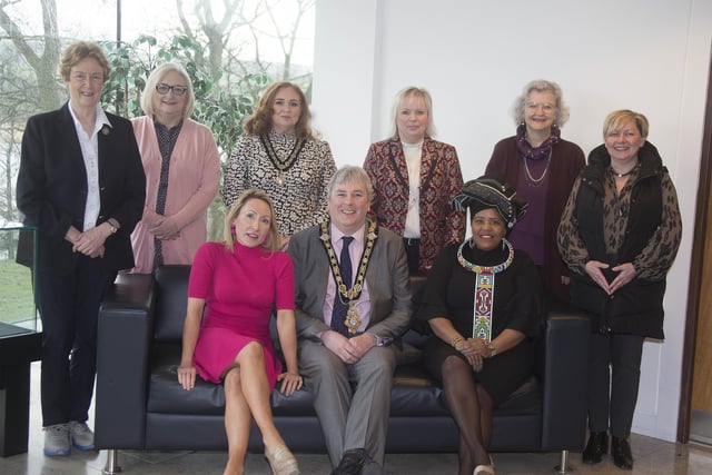 Pictured in Cloonavin for the International Women’s Day event are (back row) L-R, Alderman Joan Baird, Councillor Brenda Chivers, Councillor Ashleen Schenning (Deputy Mayor), Alderman Michelle Knight McQuillan (Vice-Chair of Causeway Coast and Glens Borough Council’s Women’s Working Group), Alderman Yvonne Boyle, Alderman Sharon McKillop; (front row) L-R Johann Muldoon, the Mayor of Causeway Coast and Glens Borough Council Councillor Richard Holmes, and Nandi Jola