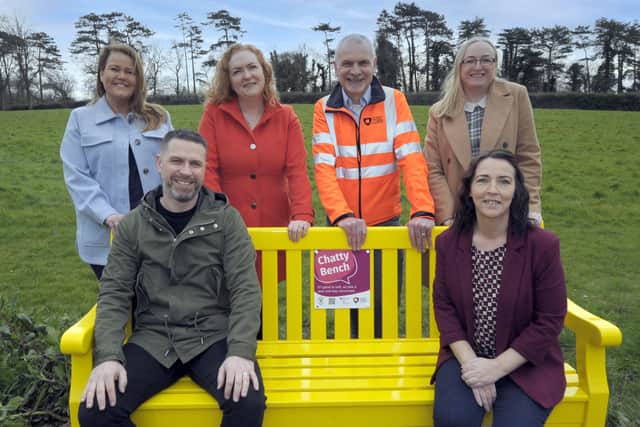The "Chatty Bench", located in Tannaghmore Gardens between the playpark and the maze, pictured are Chair of Leisure & Community Services Cllr Keith Haughian, Lead for the Southern Trust Multi Disciplinary Team Martina McAloon, Senior Social Work Practitioner in the Multi Disiplinary Team Fidelma Ruddy, GM Supervisor Tannaghmore Rare Breeds Animal Farm Richard McKitterick, Community Services Manager Community Development Alison Clenaghan and Chair of Armagh Banbridge & Craigavon Loneliness Network Sinead Taylor. ©Edward Byrne Photography