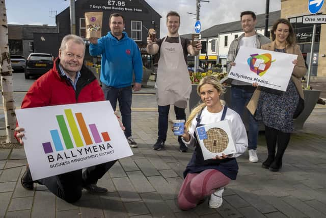 Pictured are Stephen Reynolds, Ballymena BID Chairperson, Matthew Cole, Scrummies, Stephen Clelland, Nugaleto, Chris & Joanna Robinson Honeybees Play Town, Yasmin Charley from Cookie Box.