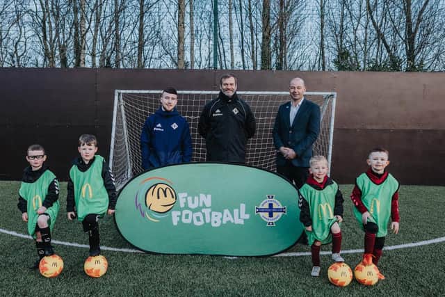Roy Carroll, former Northern Ireland goalkeeper and Karl Wilkinson, franchisee operations manager, McDonald’s,  at the McDonald’s Fun Football Centre at Valley Leisure Centre.