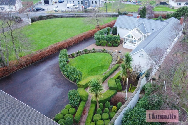 An aerial view of the five bedroom detached bungalow.