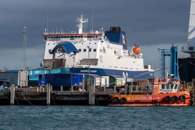 A vessel docked in Larne Harbour yesterday.  Photo: Pacemaker Press