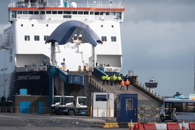 Security an severance teams board the P&O Causeway in Larne Harbour on Thursday. Photo: Pacemaker Press