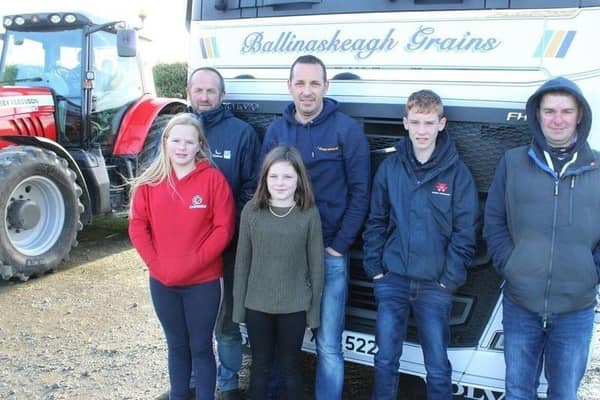 Supporting the Rathfriland Young Farmers' Club tractor run at Rathfriland (from left) Alexander McCready and saughter Leah, David, Lauren and Seth Henning and Mark McKibben